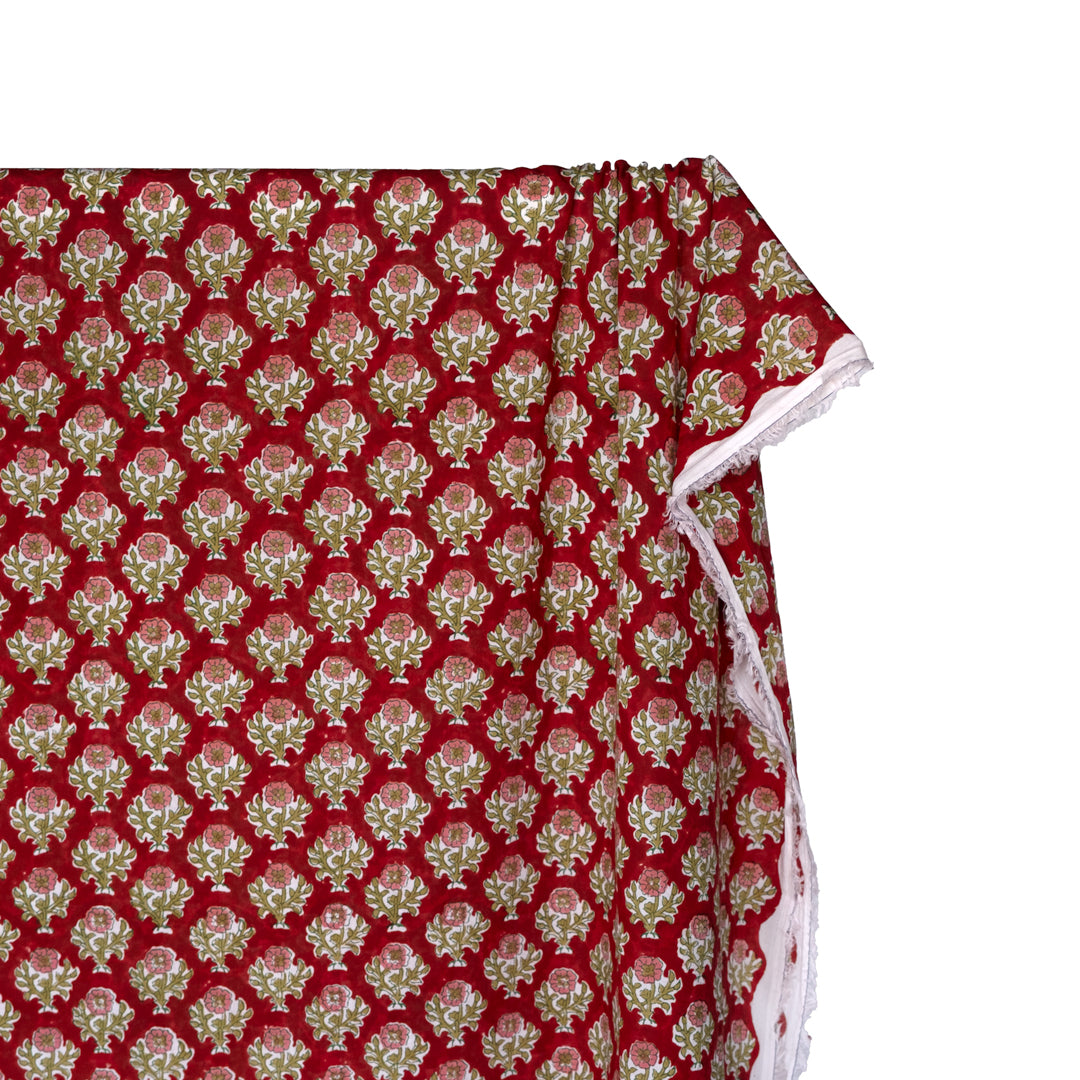 Bloom Block Printed Organic Cotton Batiste - Carmine/Cactus/Rose | Blackbird Fabrics