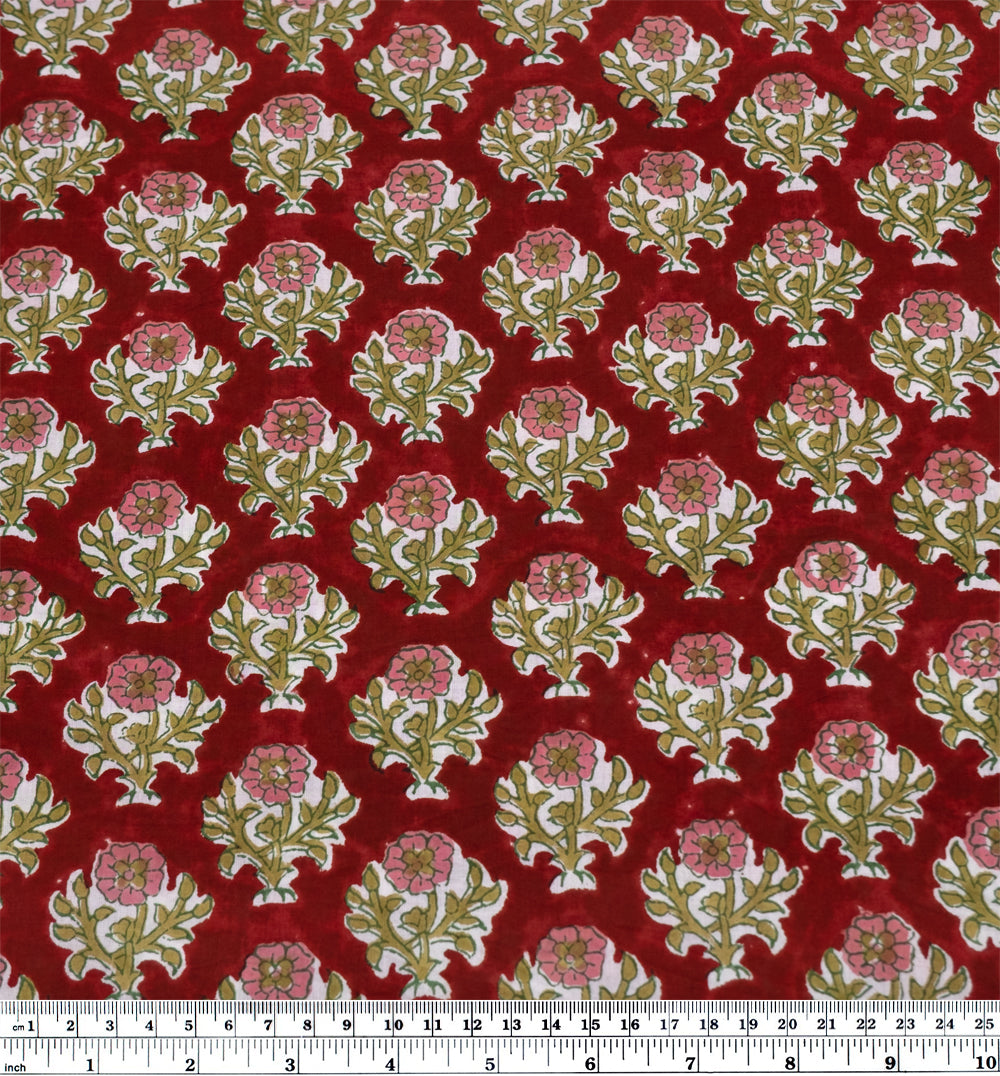 Bloom Block Printed Organic Cotton Batiste - Carmine/Cactus/Rose | Blackbird Fabrics