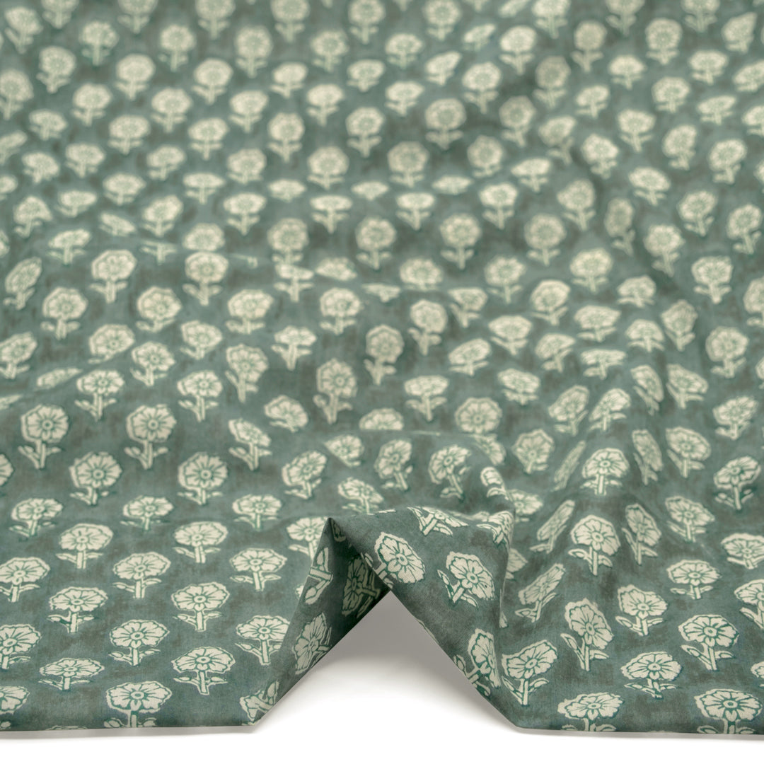 Bloom Block Printed Organic Cotton Batiste - Dusty Jade/White | Blackbird Fabrics