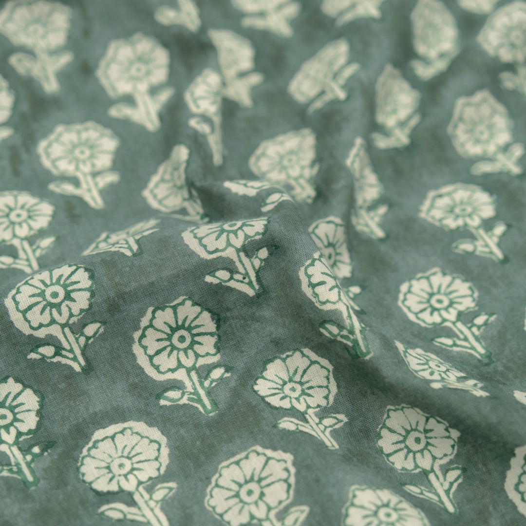 Bloom Block Printed Organic Cotton Batiste - Dusty Jade/White | Blackbird Fabrics