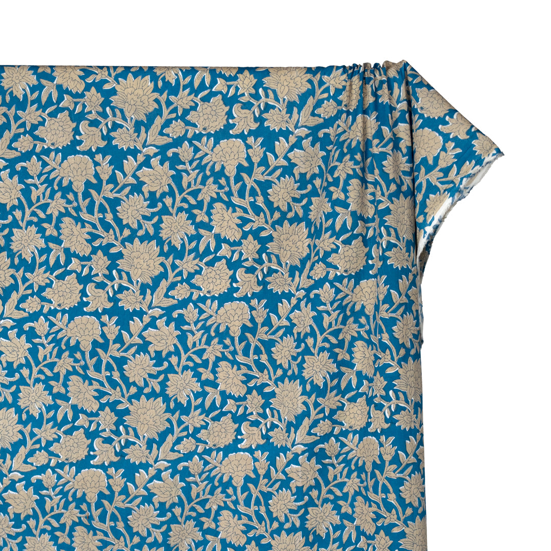 Vine Block Printed Organic Cotton Batiste - Blue Bird/Flax | Blackbird Fabrics