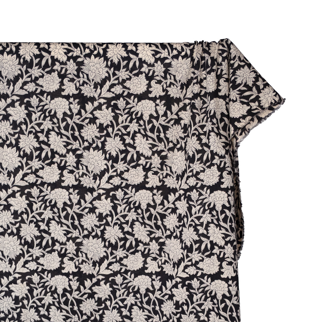 Vine Block Printed Organic Cotton Batiste - Black/Eggshell | Blackbird Fabrics