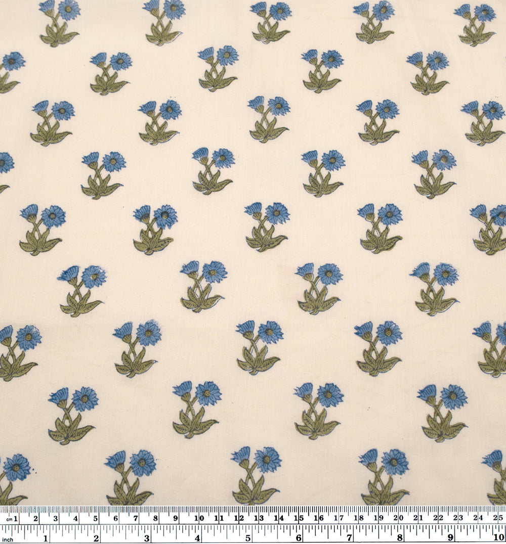 Bloom Block Printed Organic Cotton Batiste - Ivory/Thyme/Pacific | Blackbird Fabrics