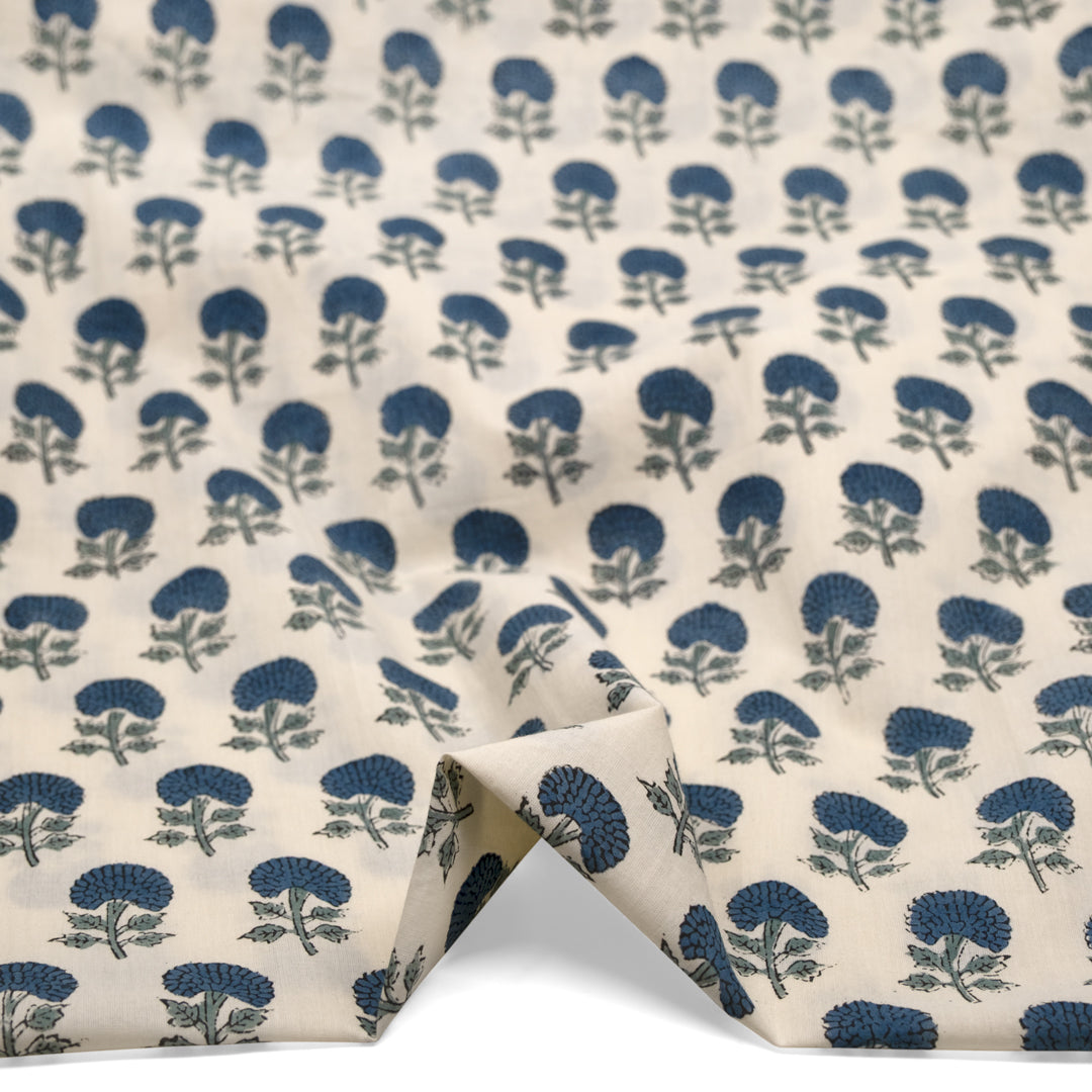 Bloom Block Printed Organic Cotton Batiste - Parchment/Ocean/Dusty Jade | Blackbird Fabrics