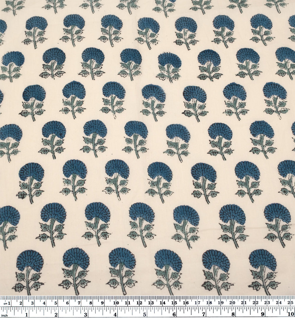 Bloom Block Printed Organic Cotton Batiste - Parchment/Ocean/Dusty Jade | Blackbird Fabrics