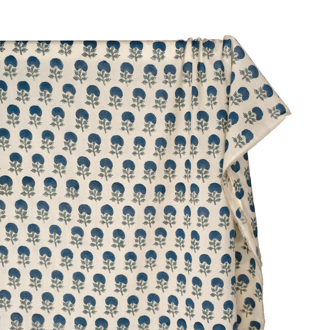 Bloom Block Printed Organic Cotton Batiste - Parchment/Ocean/Dusty Jade | Blackbird Fabrics
