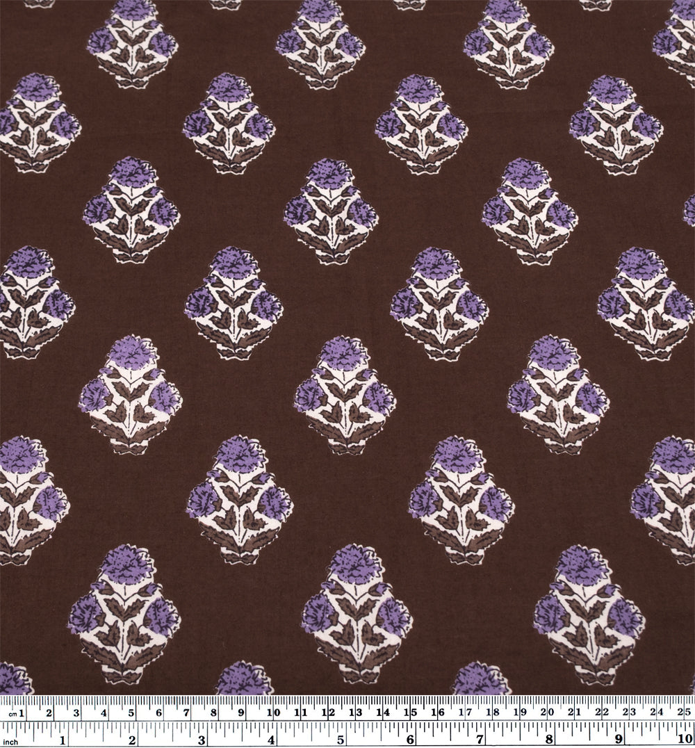 Bloom Block Printed Organic Cotton Batiste - Brownie/White/Lavender | Blackbird Fabrics