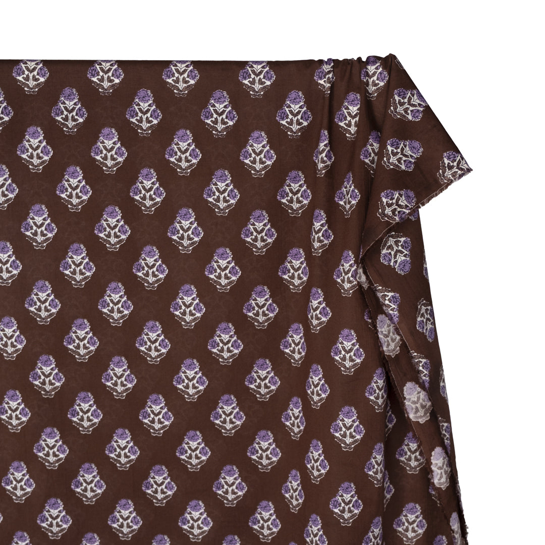 Bloom Block Printed Organic Cotton Batiste - Brownie/White/Lavender | Blackbird Fabrics