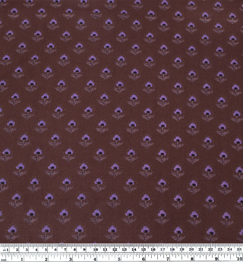 Bloom Block Printed Organic Cotton Batiste - Coffee Liqueur/Black/Lavender | Blackbird Fabrics