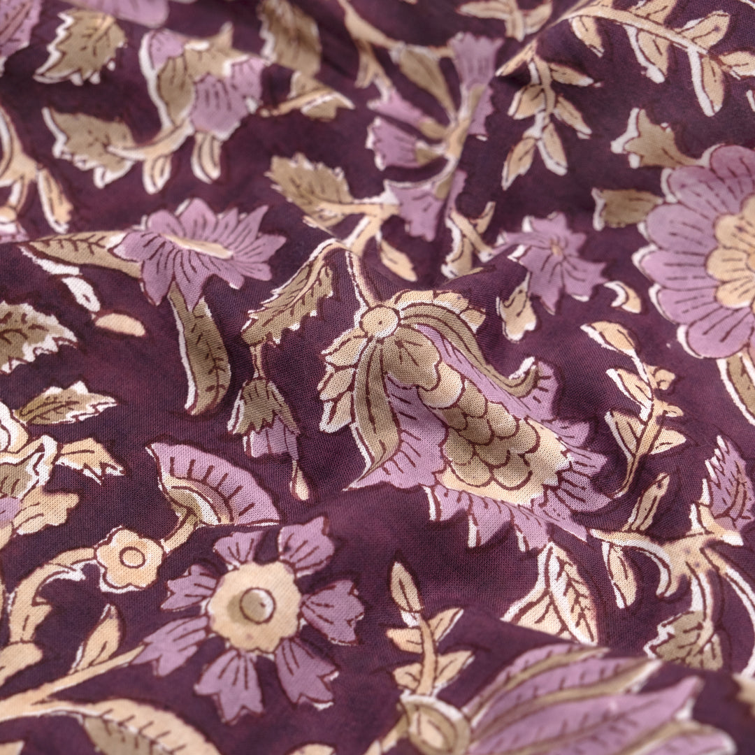 Tapestry Block Printed Organic Cotton Batiste - Plum/Thistle/Bone | Blackbird Fabrics