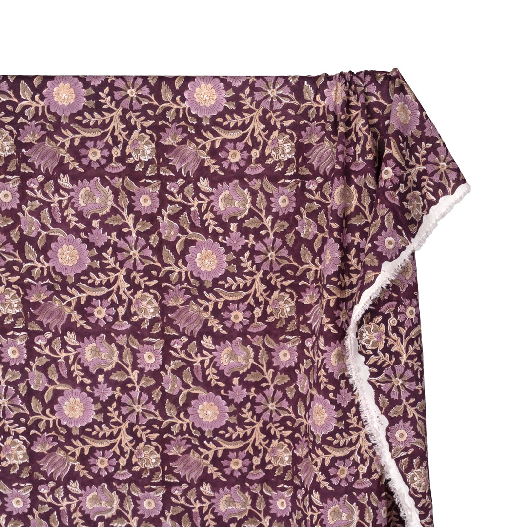 Tapestry Block Printed Organic Cotton Batiste - Plum/Thistle/Bone | Blackbird Fabrics
