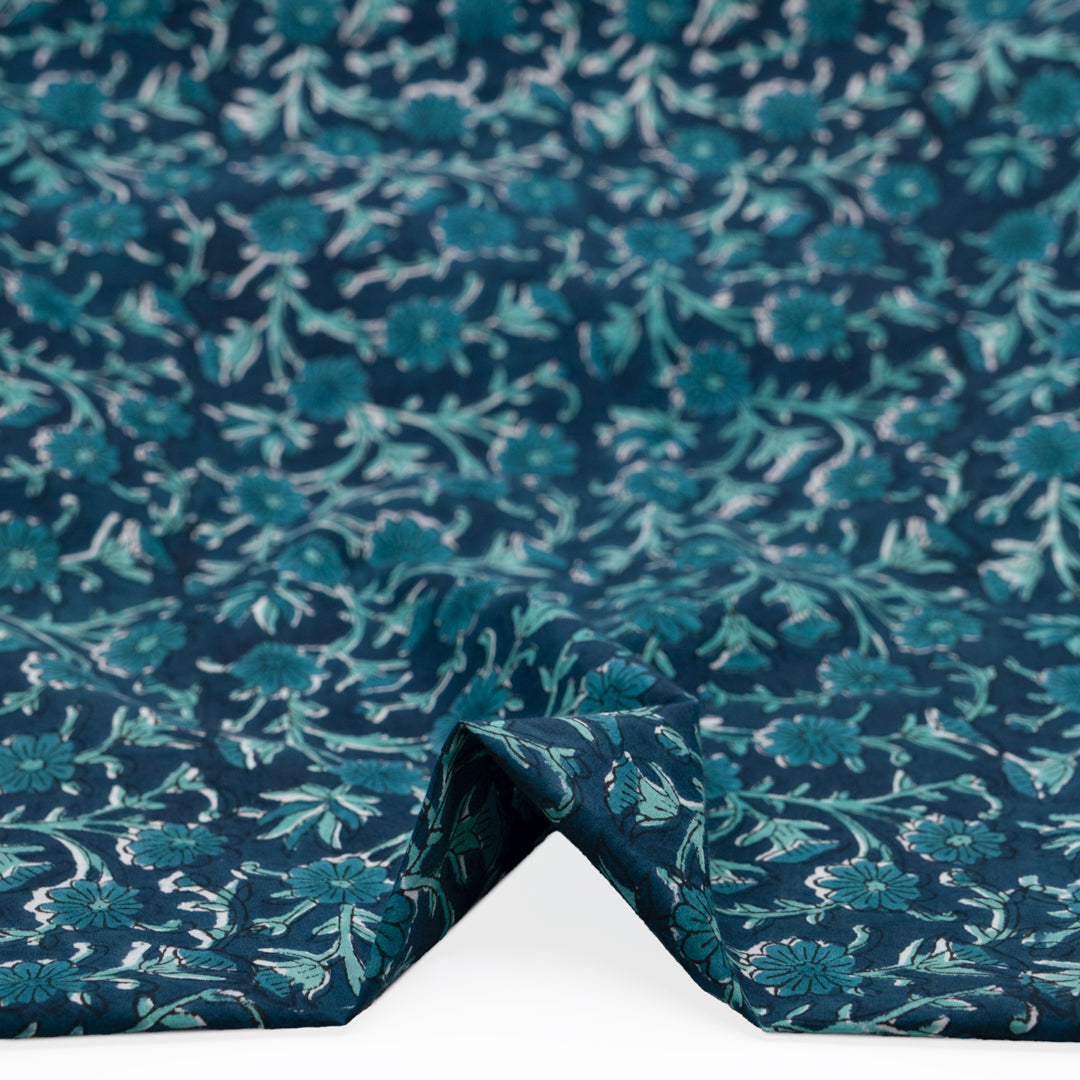 Vine Block Printed Organic Cotton Batiste - Deep Harbour/Turquoise | Blackbird Fabrics