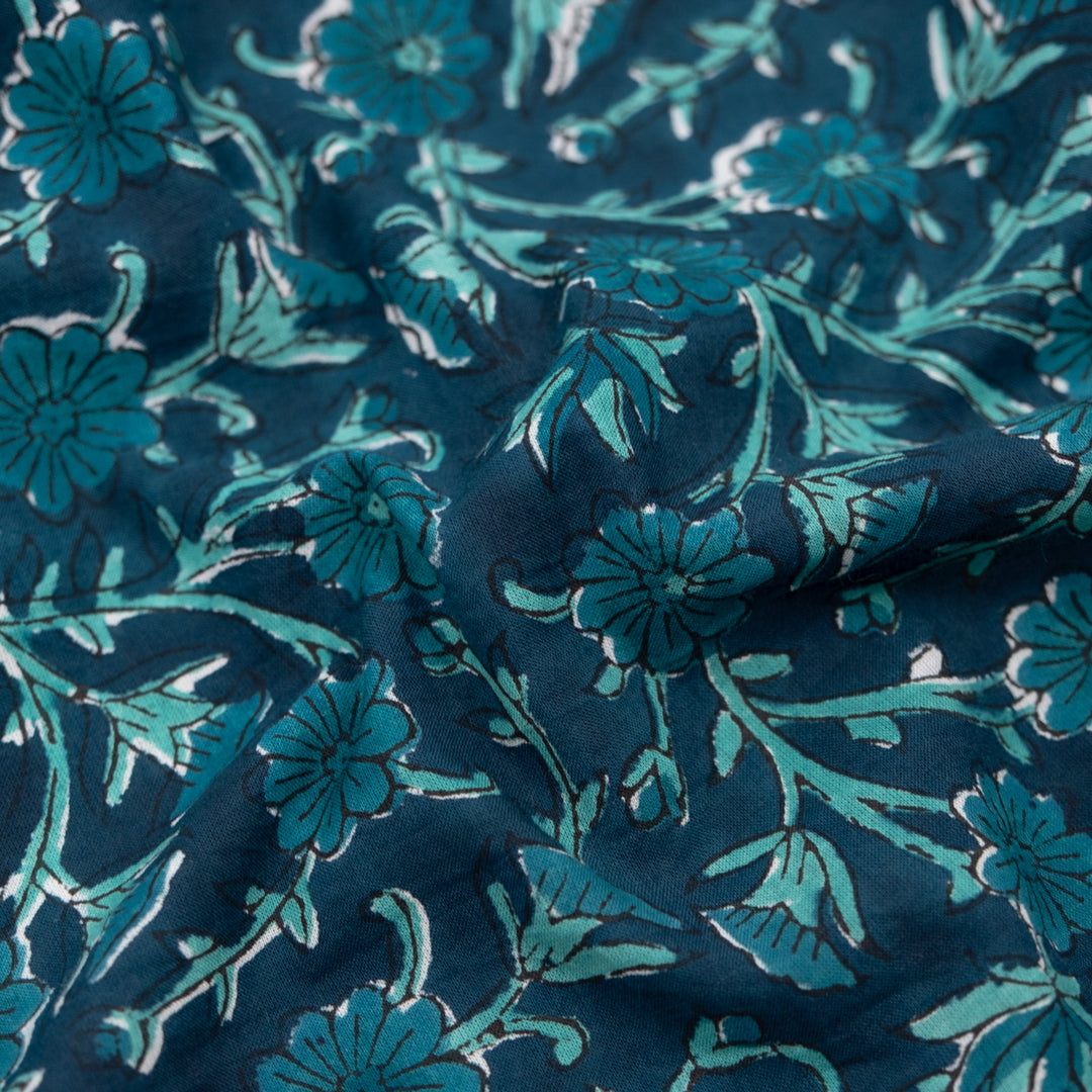 Vine Block Printed Organic Cotton Batiste - Deep Harbour/Turquoise | Blackbird Fabrics