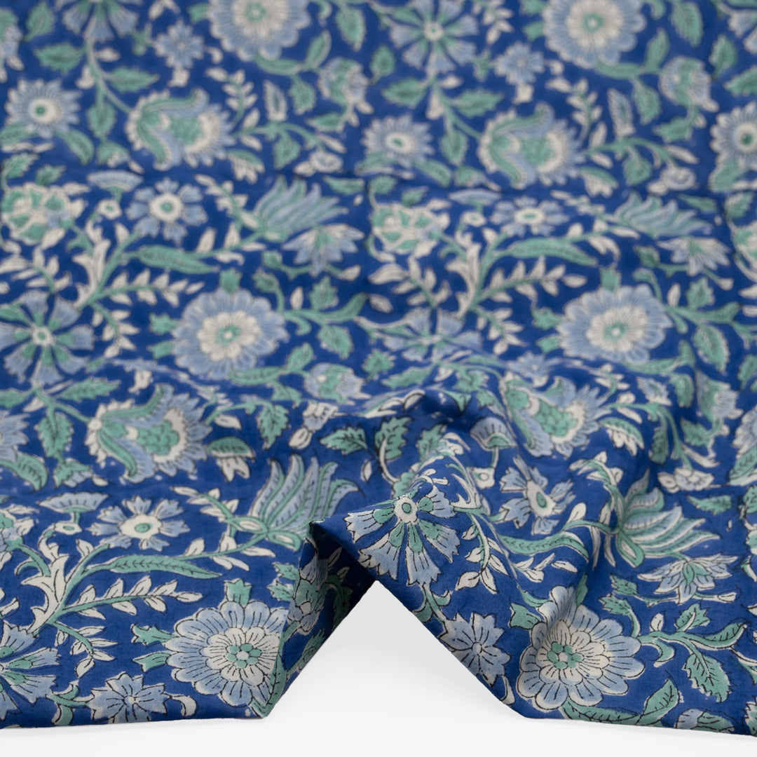Tapestry Block Printed Organic Cotton Batiste - Sapphire/Powder Blue/Mint | Blackbird Fabrics
