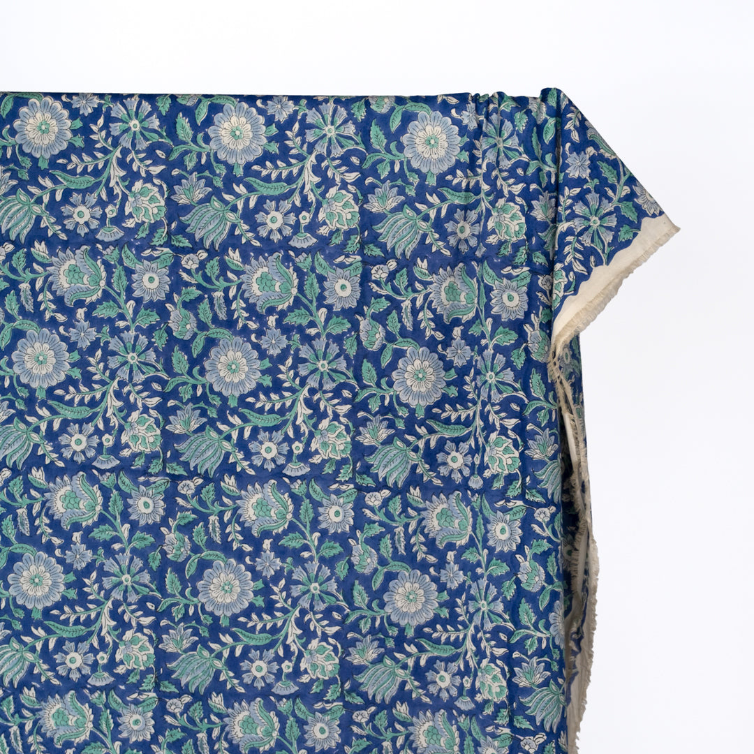 Tapestry Block Printed Organic Cotton Batiste - Sapphire/Powder Blue/Mint | Blackbird Fabrics