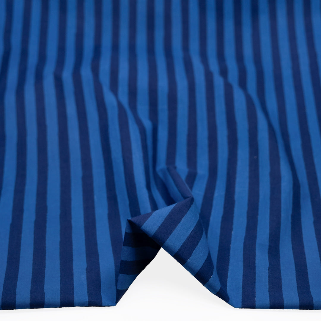 Stripe Block Printed Organic Cotton Batiste - Cascade/Indigo | Blackbird Fabrics