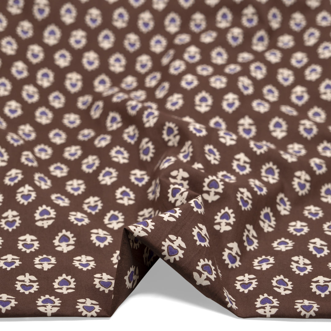 Bloom Block Printed Organic Cotton Batiste - Mink/Ivory/Bluebell | Blackbird Fabrics