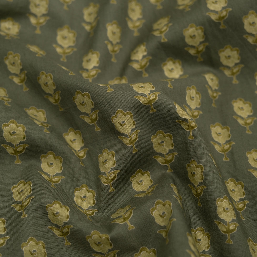 Bloom Block Printed Organic Cotton Batiste - Khaki/Cactus | Blackbird Fabrics