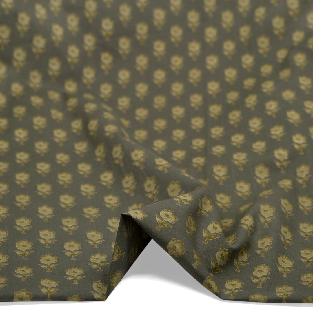 Bloom Block Printed Organic Cotton Batiste - Khaki/Cactus | Blackbird Fabrics