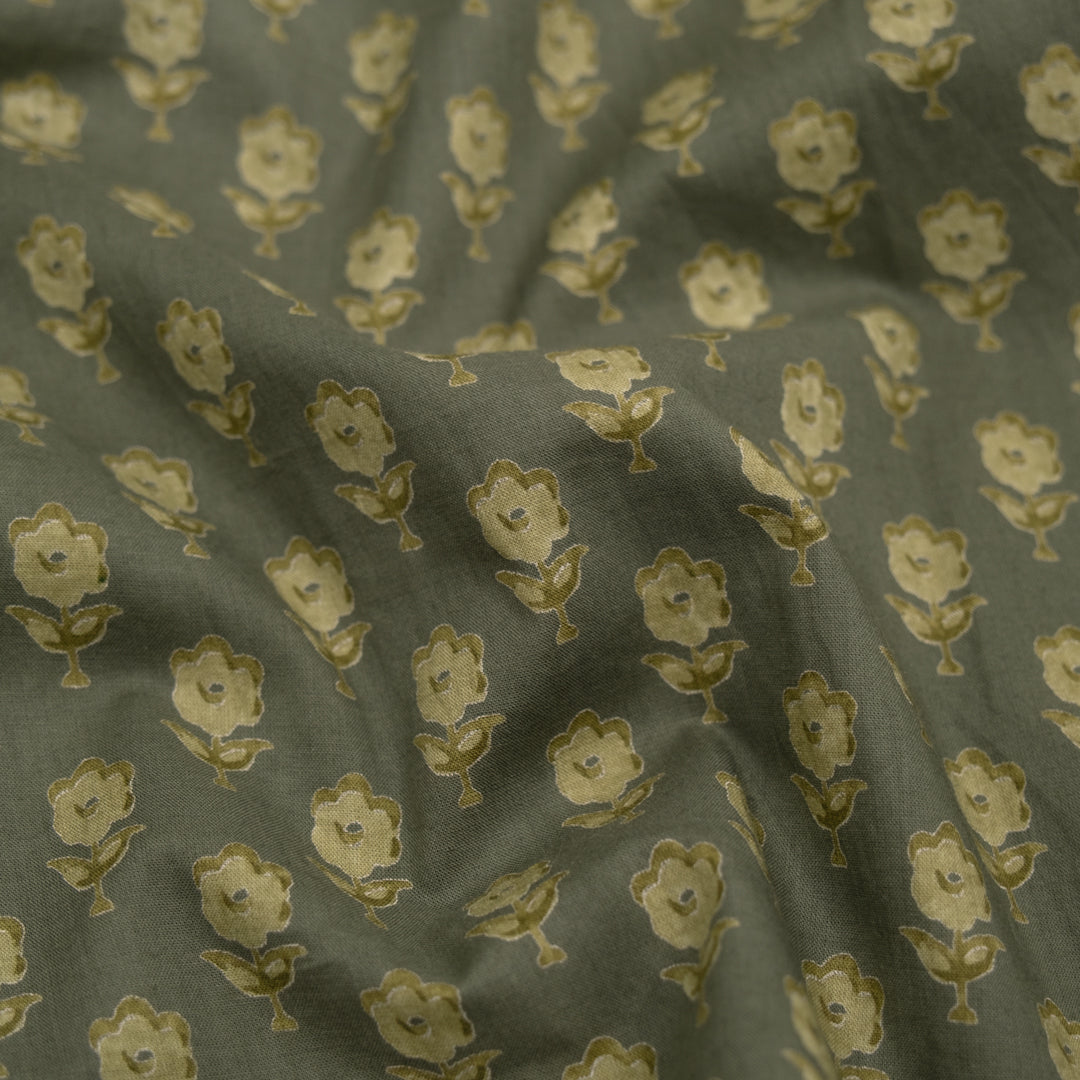 Bloom Block Printed Organic Cotton Batiste - Khaki/Cactus | Blackbird Fabrics