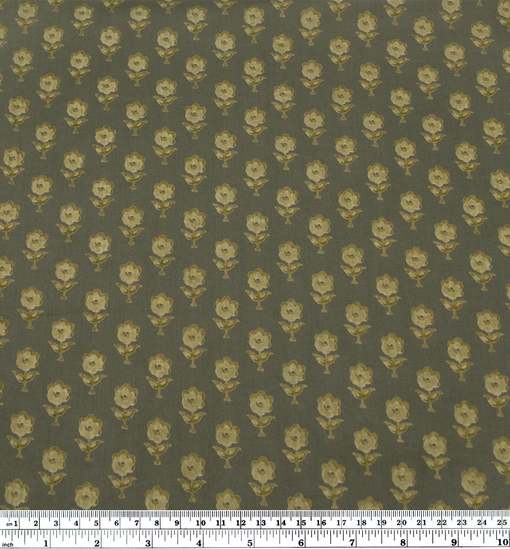 Bloom Block Printed Organic Cotton Batiste - Khaki/Cactus | Blackbird Fabrics