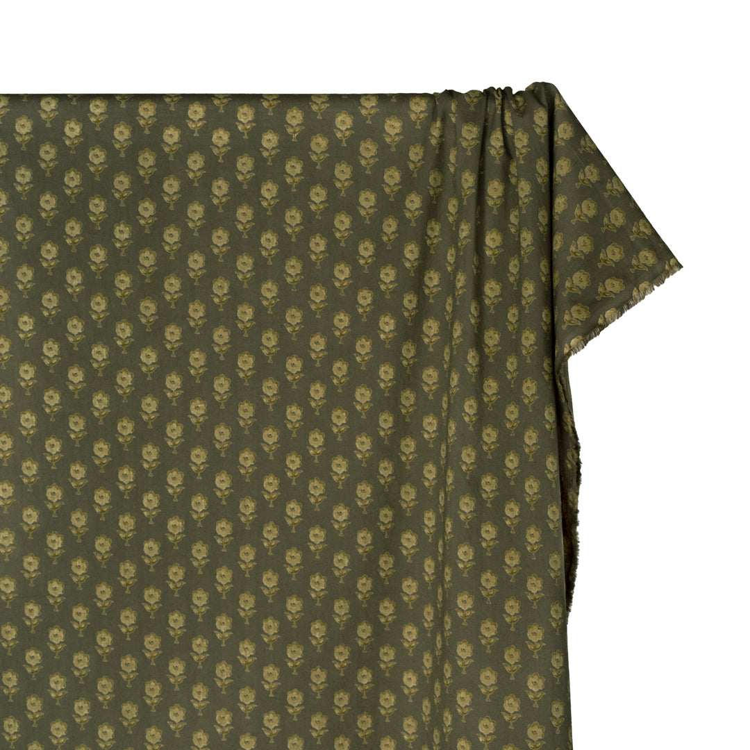 Bloom Block Printed Organic Cotton Batiste - Khaki/Cactus | Blackbird Fabrics