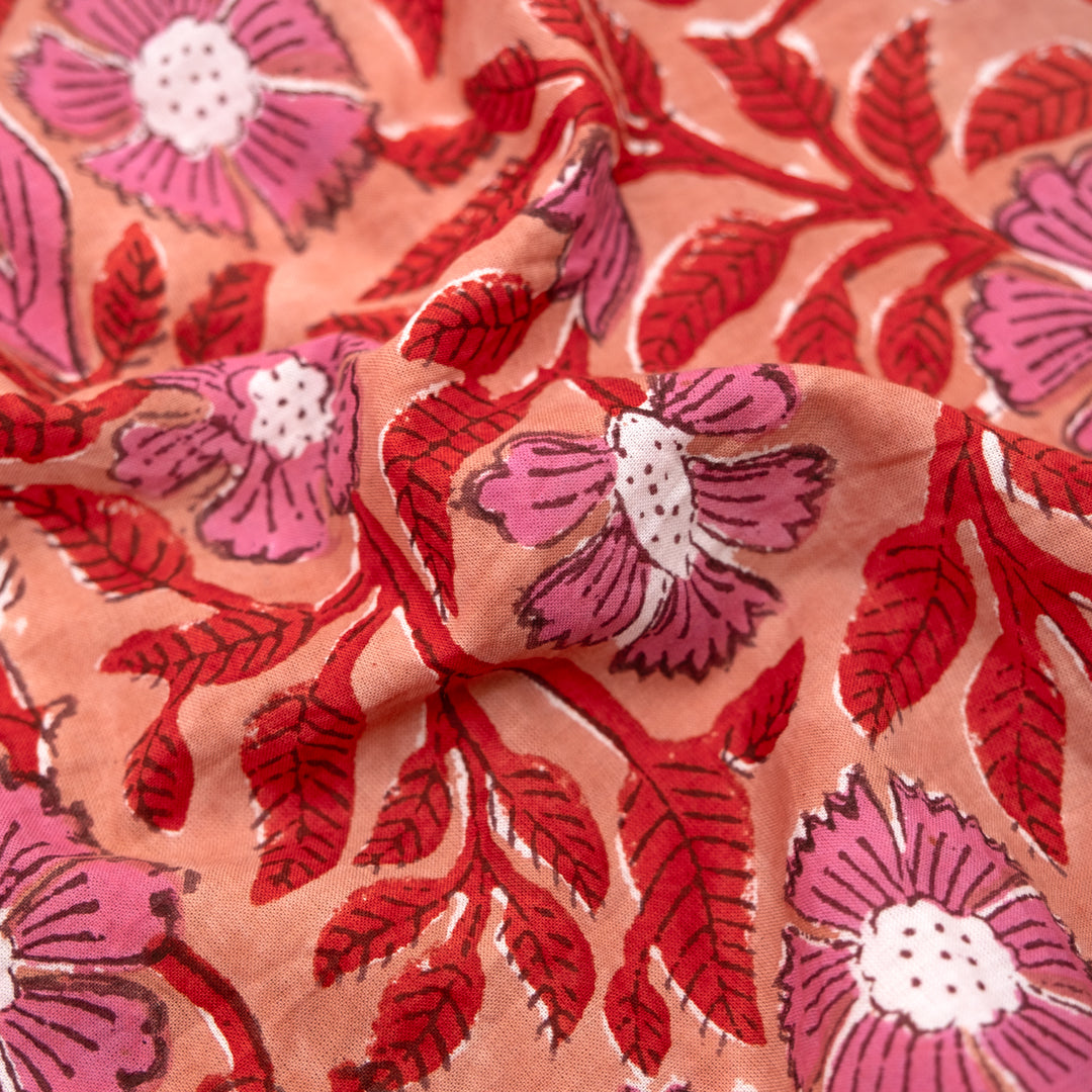 Tapestry Block Printed Organic Cotton Batiste - Peach/Fire Red/Gumdrop | Blackbird Fabrics