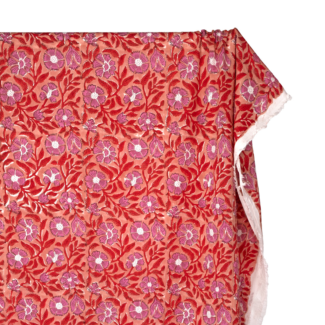 Tapestry Block Printed Organic Cotton Batiste - Peach/Fire Red/Gumdrop | Blackbird Fabrics
