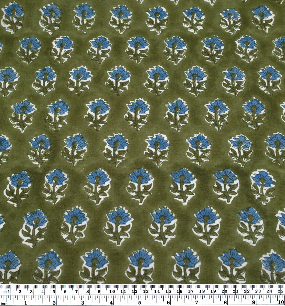Bloom Block Printed Organic Cotton Batiste - Pickle/Pacific | Blackbird Fabrics