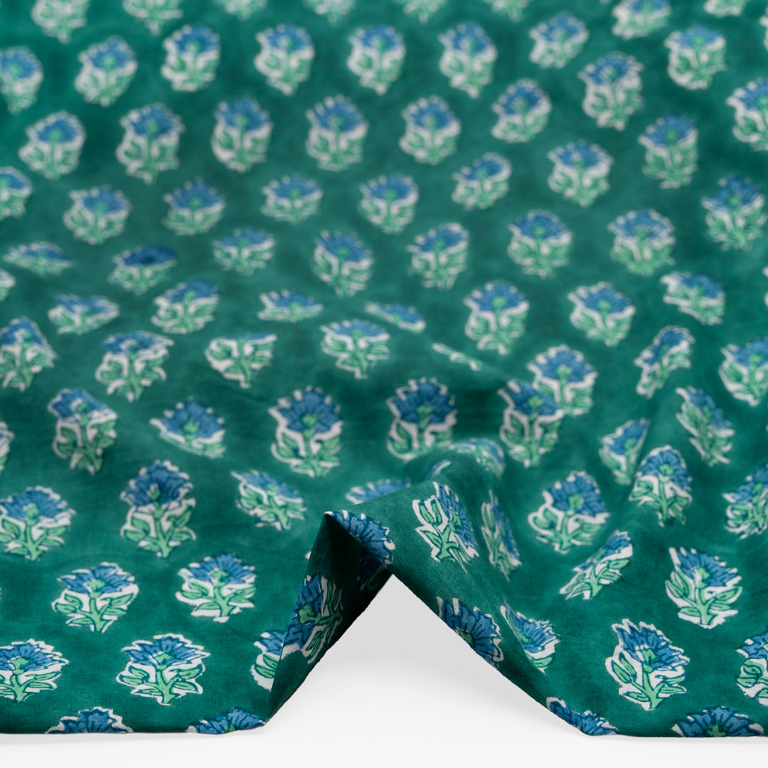 Bloom Block Printed Organic Cotton Batiste - Beetle/Mint/Pacific | Blackbird Fabrics