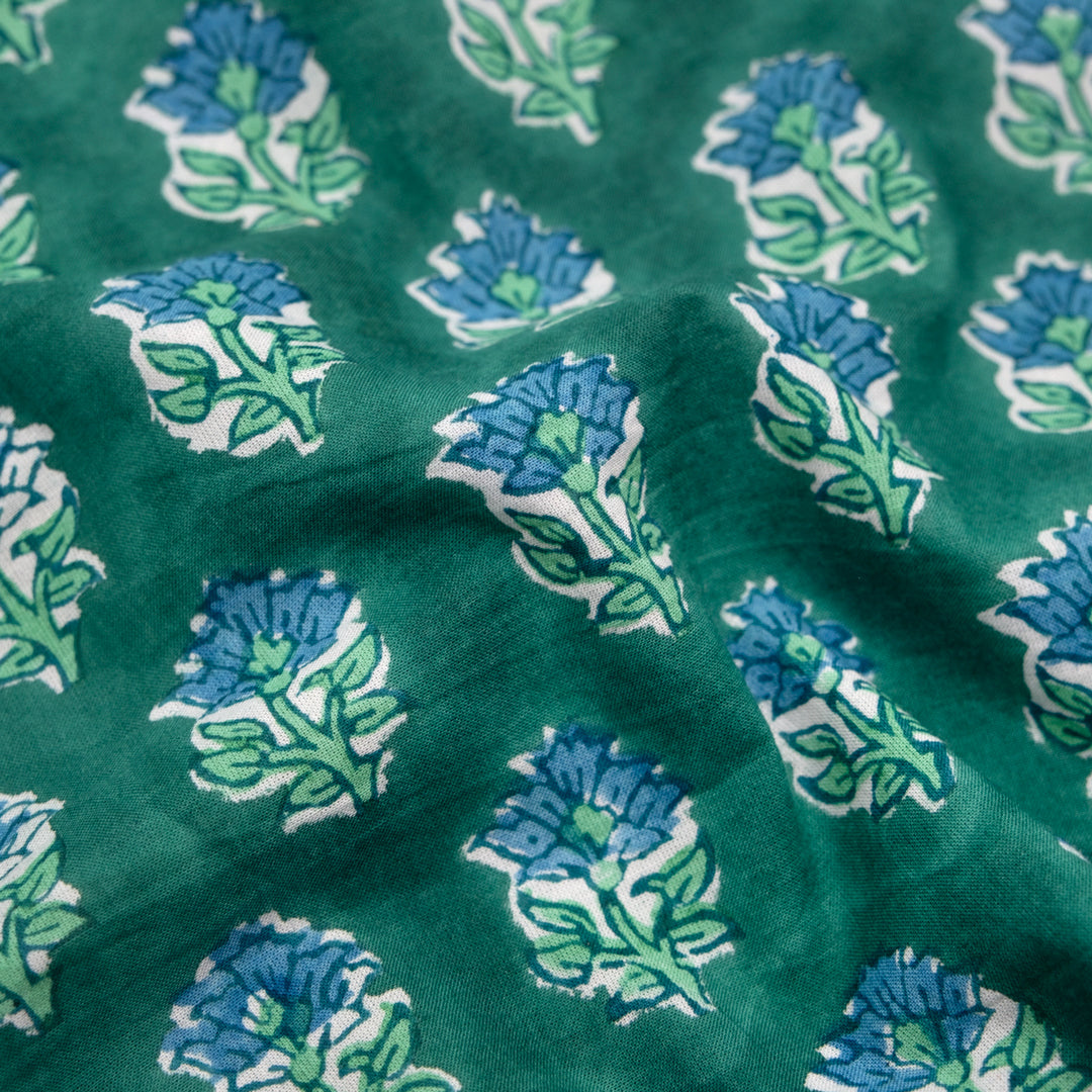 Bloom Block Printed Organic Cotton Batiste - Beetle/Mint/Pacific | Blackbird Fabrics