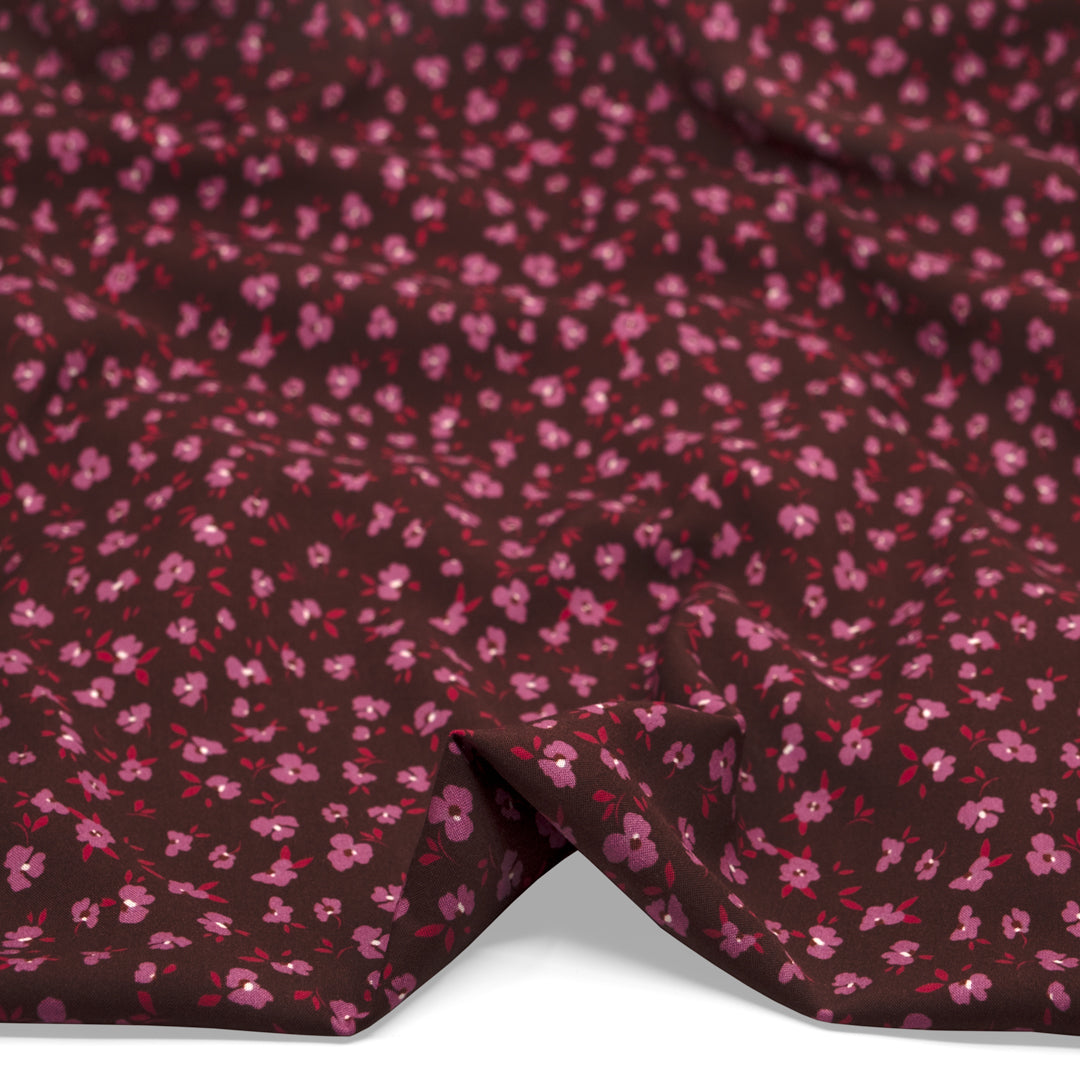 Plucked Peony Printed Viscose Challis - Burgundy/Dahlia | Blackbird Fabrics