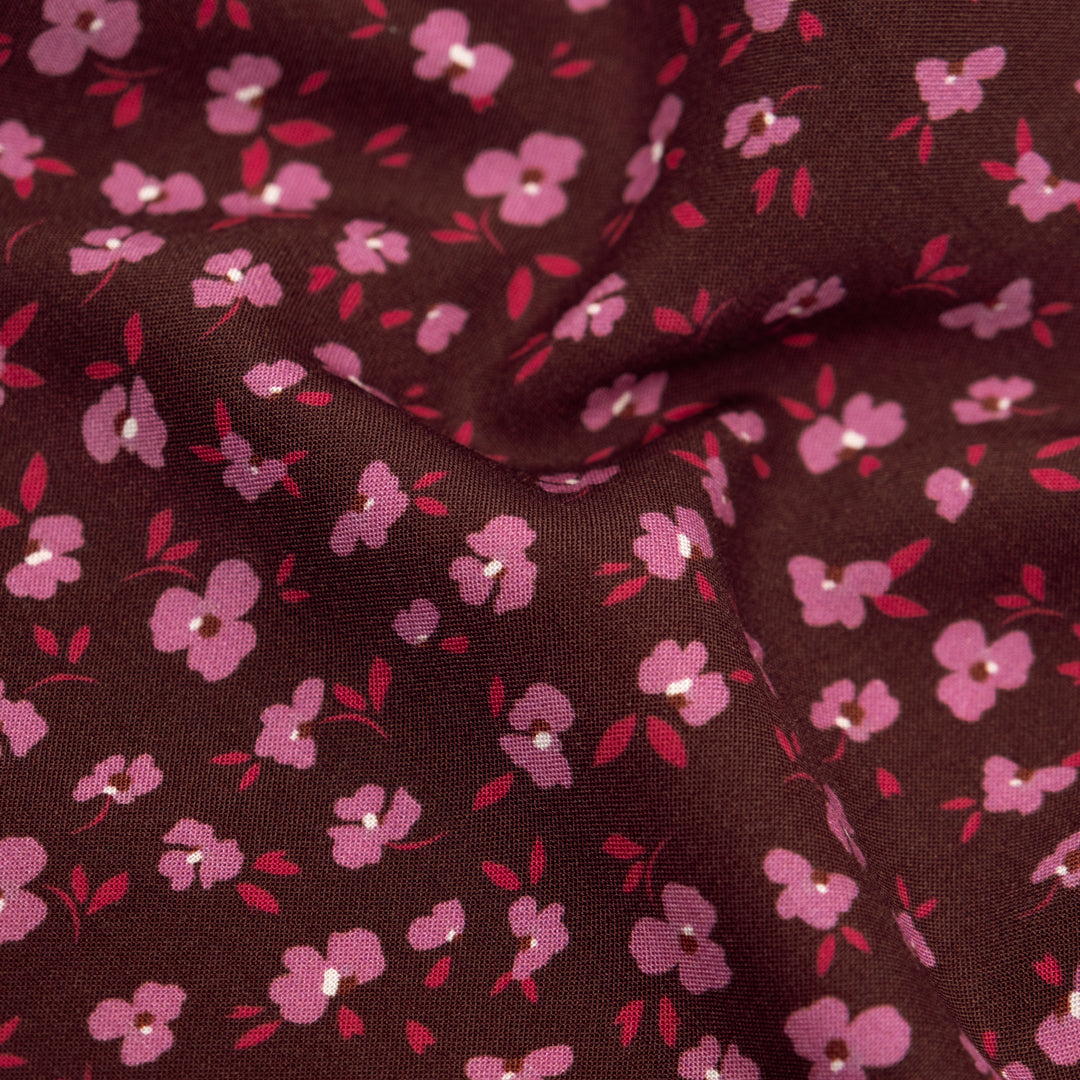 Plucked Peony Printed Viscose Challis - Burgundy/Dahlia | Blackbird Fabrics