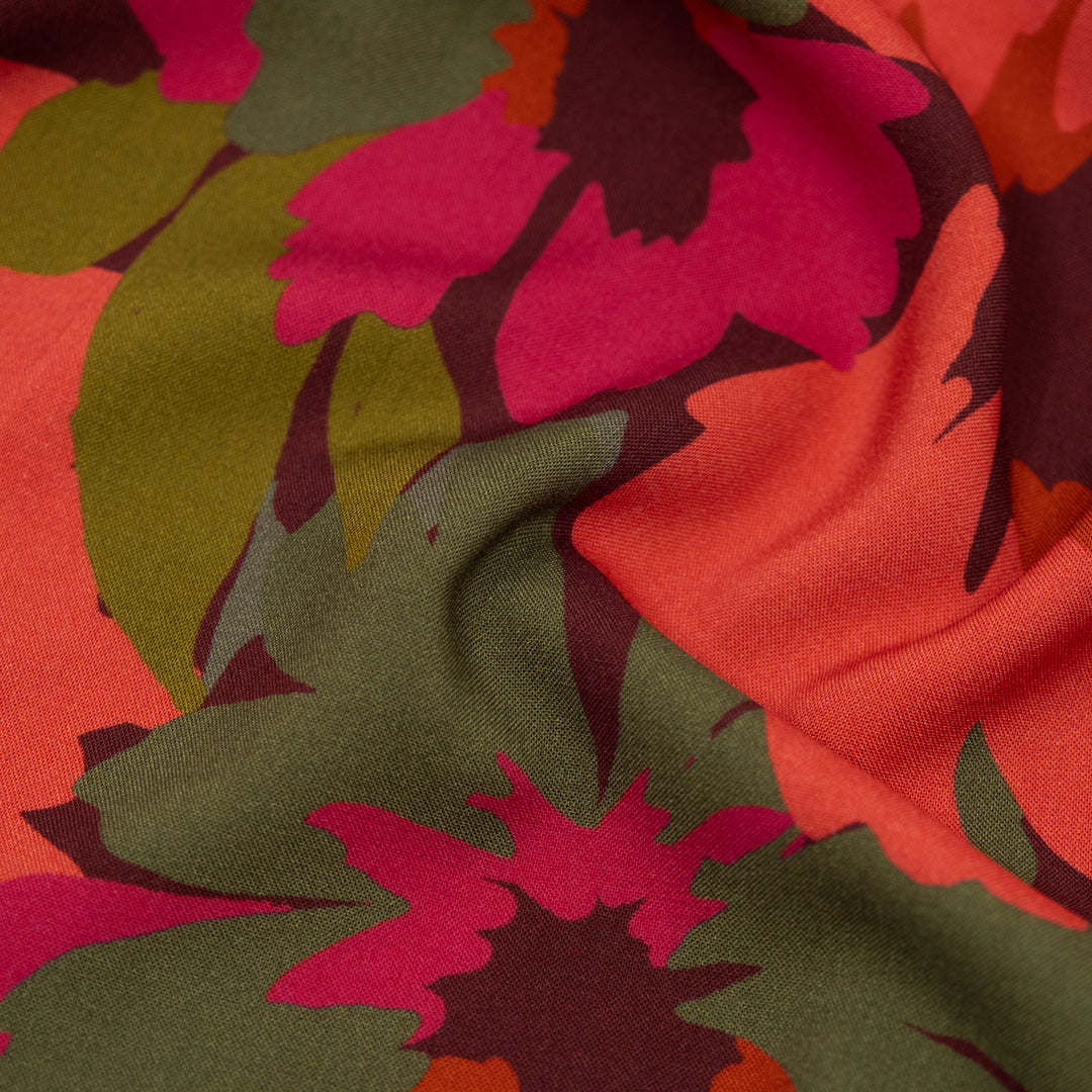 Wild Overgrowth Printed Viscose Challis - Maroon/Papaya/Grass | Blackbird Fabrics
