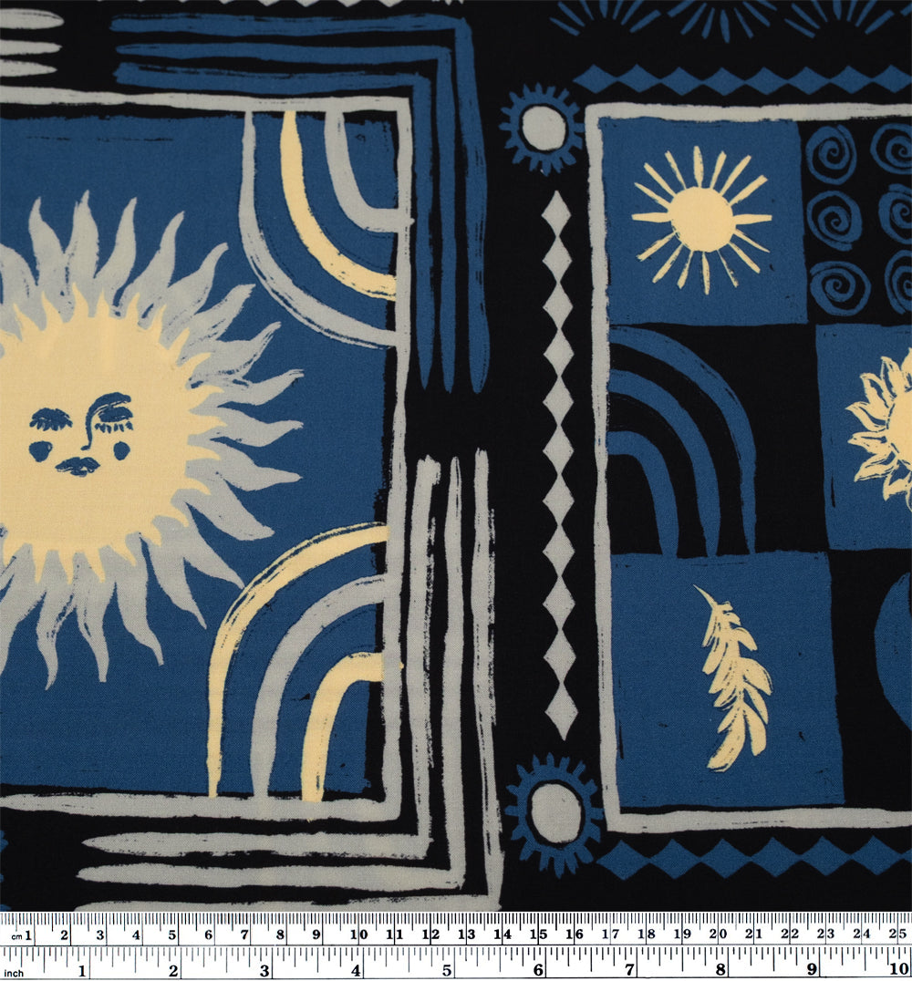 Celestial Bodies Printed Viscose Challis - Ocean/Black/Vanilla | Blackbird Fabrics