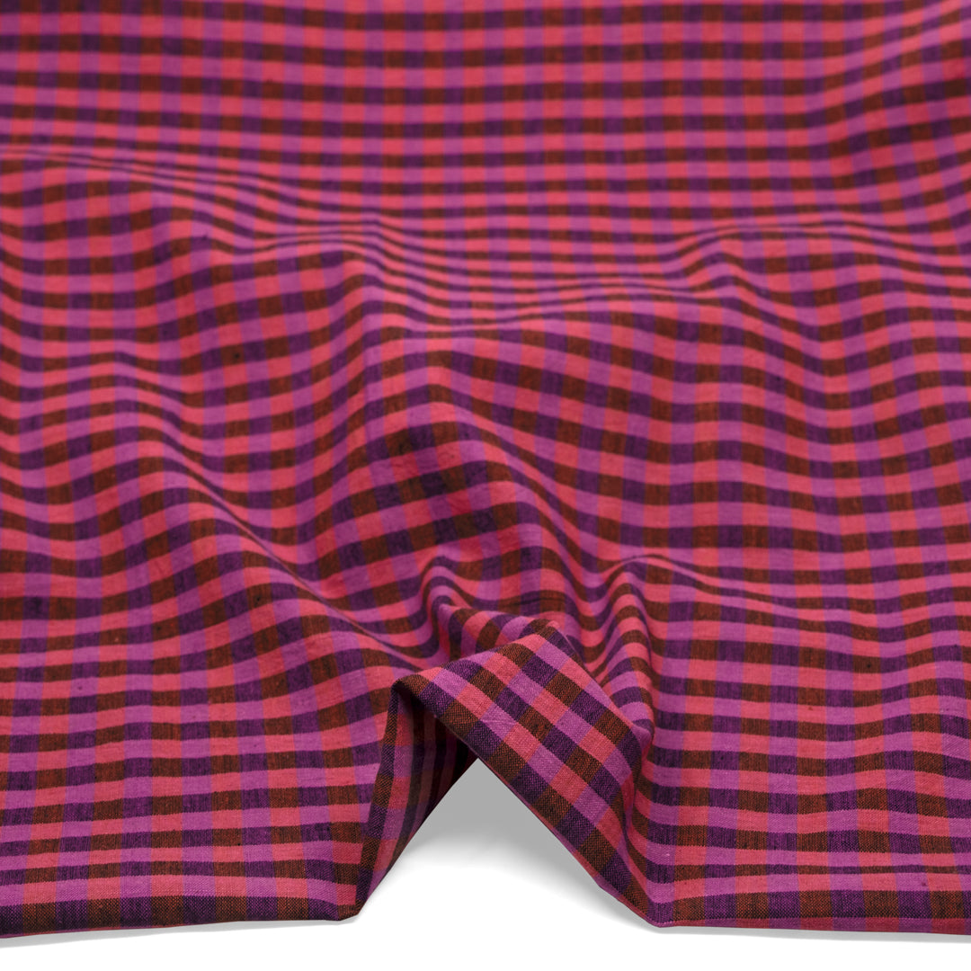 Check Handwoven Cotton - Cactus Flower/Guava/Black | Blackbird Fabrics