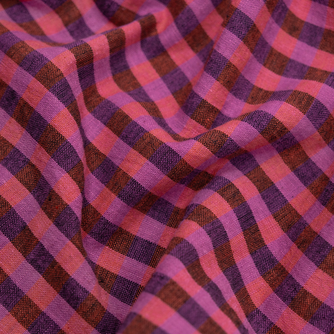 Check Handwoven Cotton - Cactus Flower/Guava/Black | Blackbird Fabrics