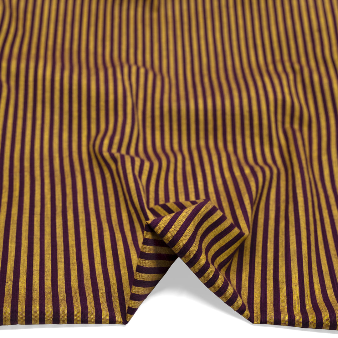 Fine Stripe Lightweight Handwoven Cotton - Marigold/Boysenberry | Blackbird Fabrics