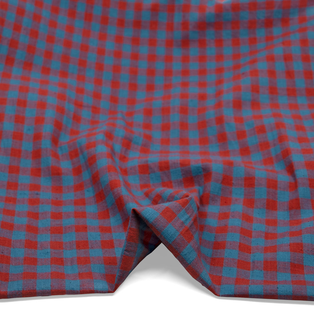 Gingham Handwoven Khadi Cotton - Nectarine/Waterfall | Blackbird Fabrics