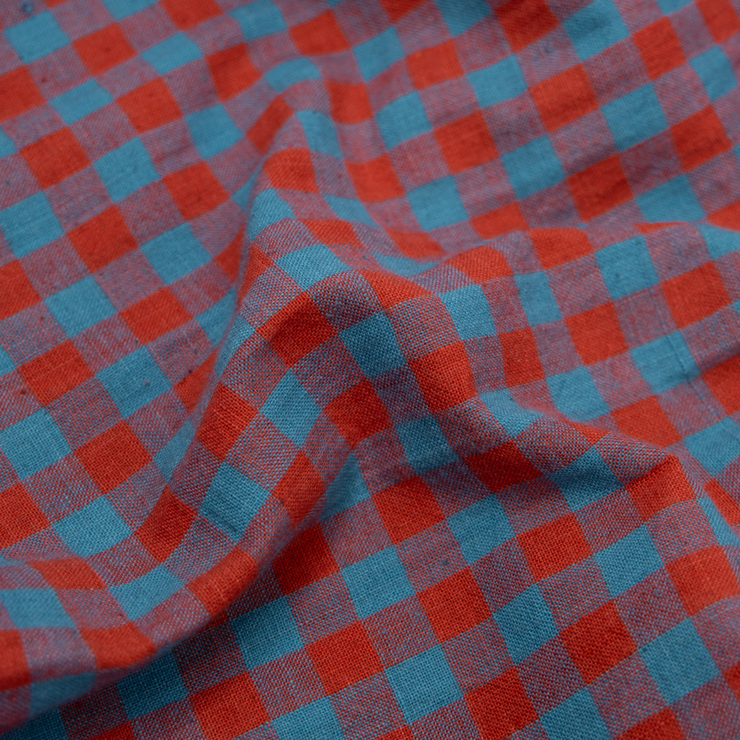 Gingham Handwoven Khadi Cotton - Nectarine/Waterfall | Blackbird Fabrics