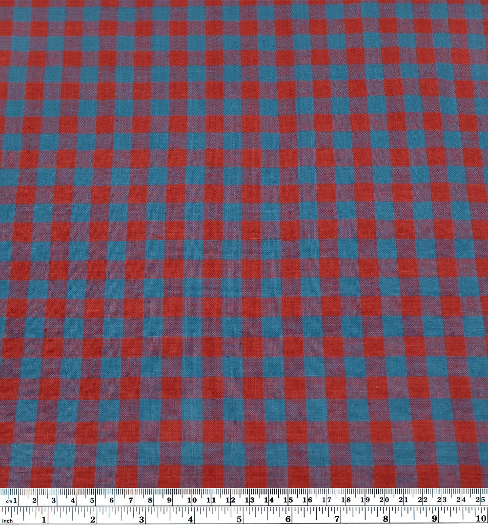 Gingham Handwoven Khadi Cotton - Nectarine/Waterfall | Blackbird Fabrics