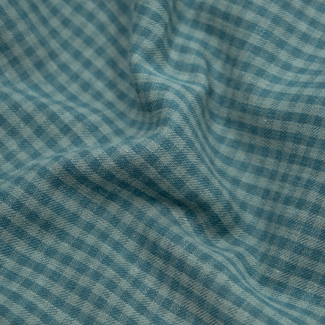 Mini Gingham Yarn Dyed Cotton Linen - Celadon/Lake | Blackbird Fabrics
