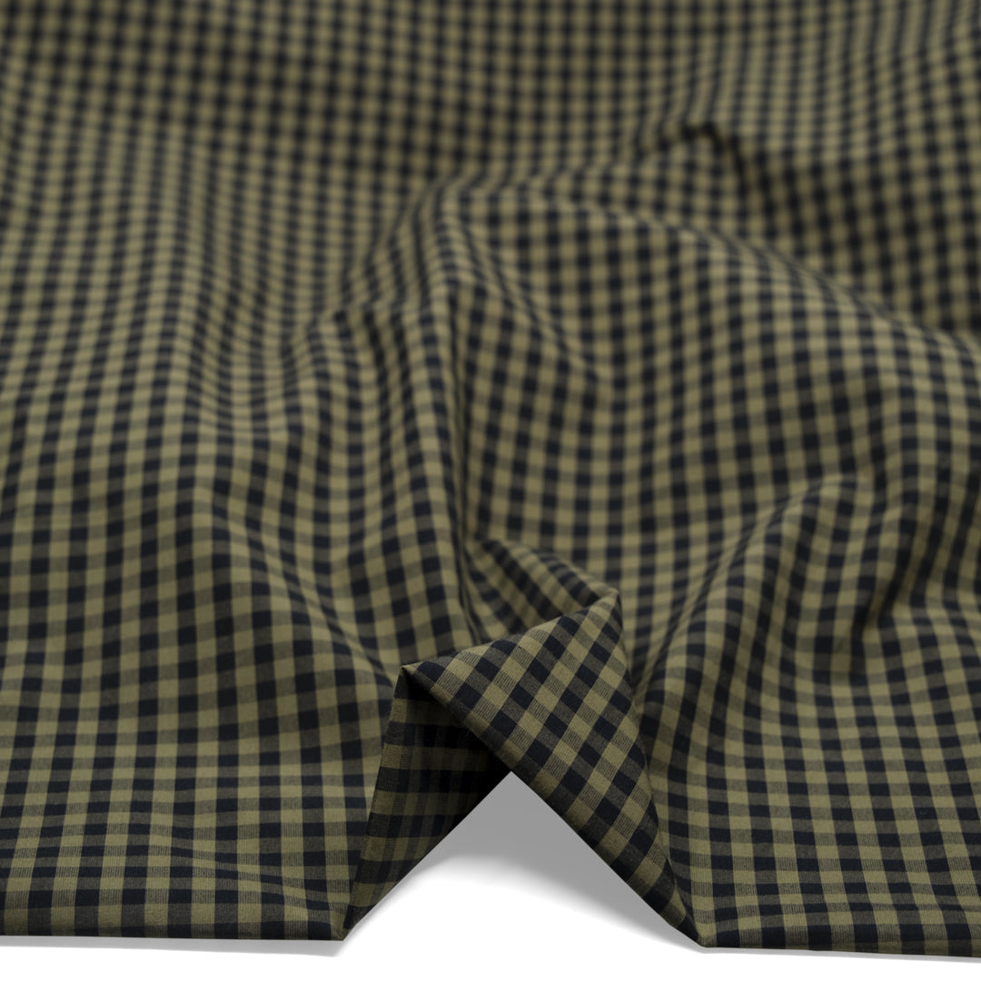 Confetti Mini Gingham Cotton Shirting - Olive/Black | Blackbird Fabrics