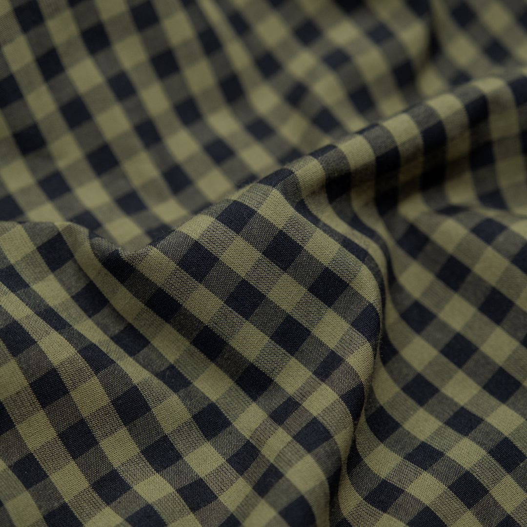 Confetti Mini Gingham Cotton Shirting - Olive/Black | Blackbird Fabrics