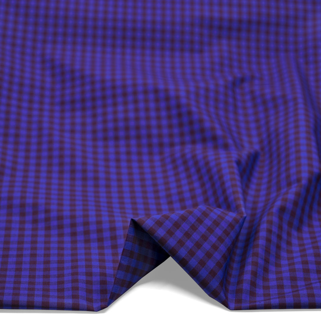 Confetti Mini Gingham Cotton Shirting - Cobalt/Mulberry | Blackbird Fabrics
