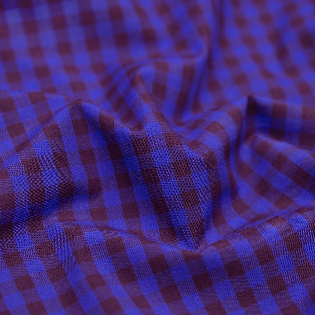 Confetti Mini Gingham Cotton Shirting - Cobalt/Mulberry | Blackbird Fabrics