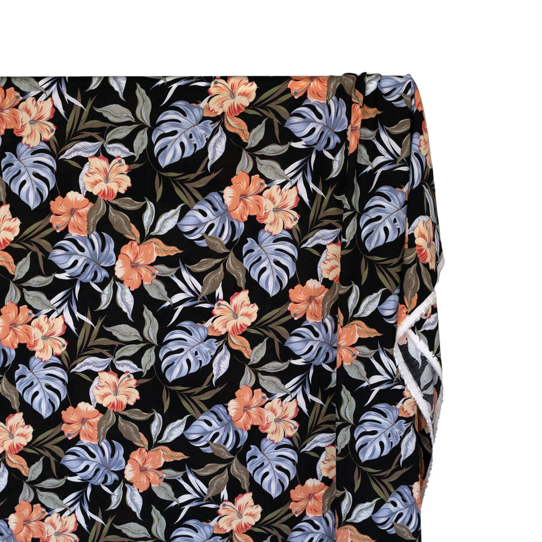 Hibiscus Hideaway Rayon Challis - Black/Apricot/Sage | Blackbird Fabrics 
