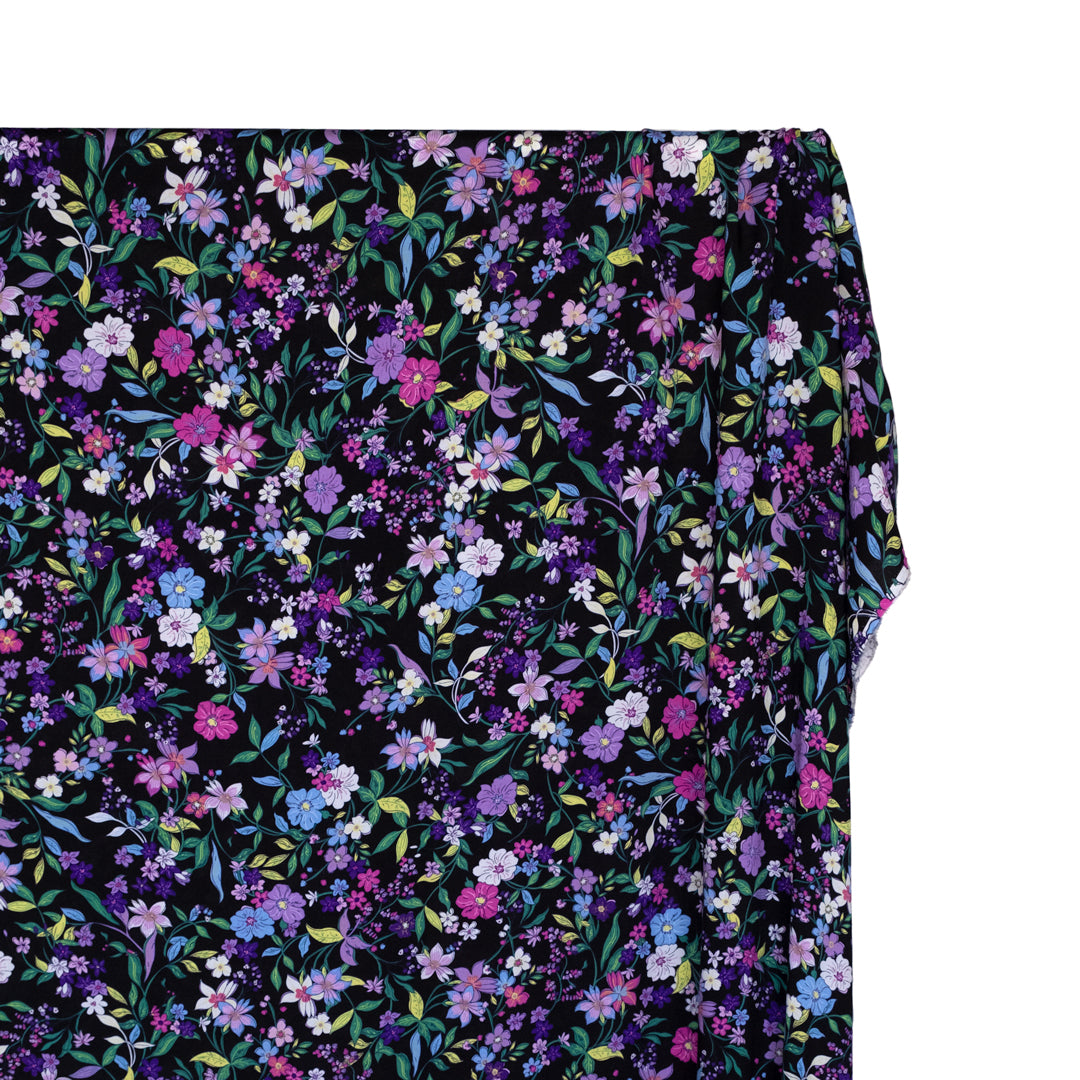Floral Mystique Rayon Challis - Black/Lavender/Violet | Blackbird Fabrics 