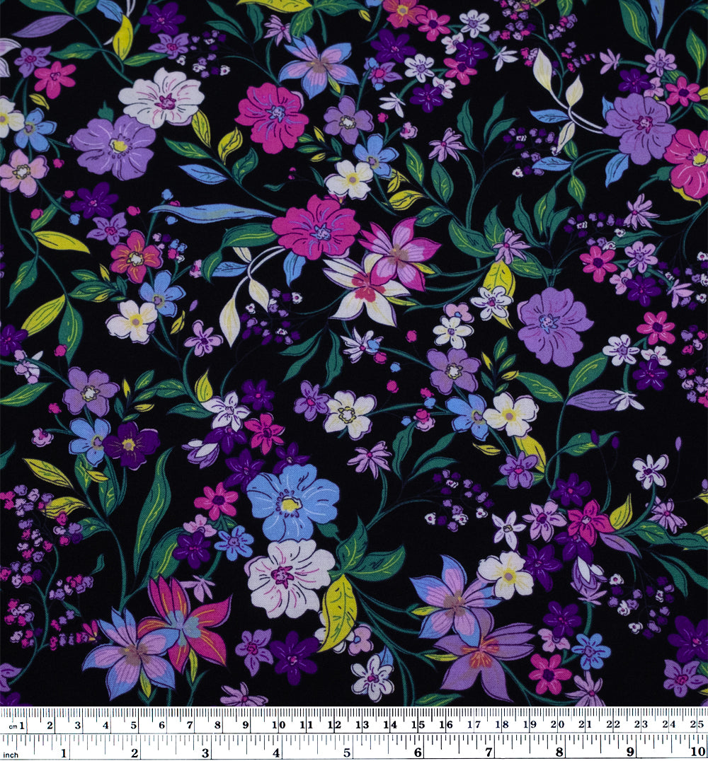 Floral Mystique Rayon Challis - Black/Lavender/Violet | Blackbird Fabrics 