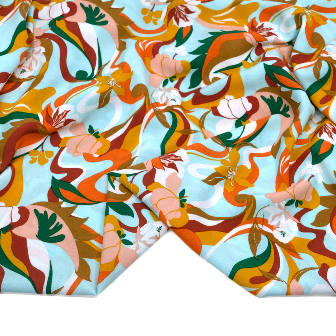Psychedelic Paradise Rayon Challis - Turquoise/Tangerine | Blackbird Fabrics 